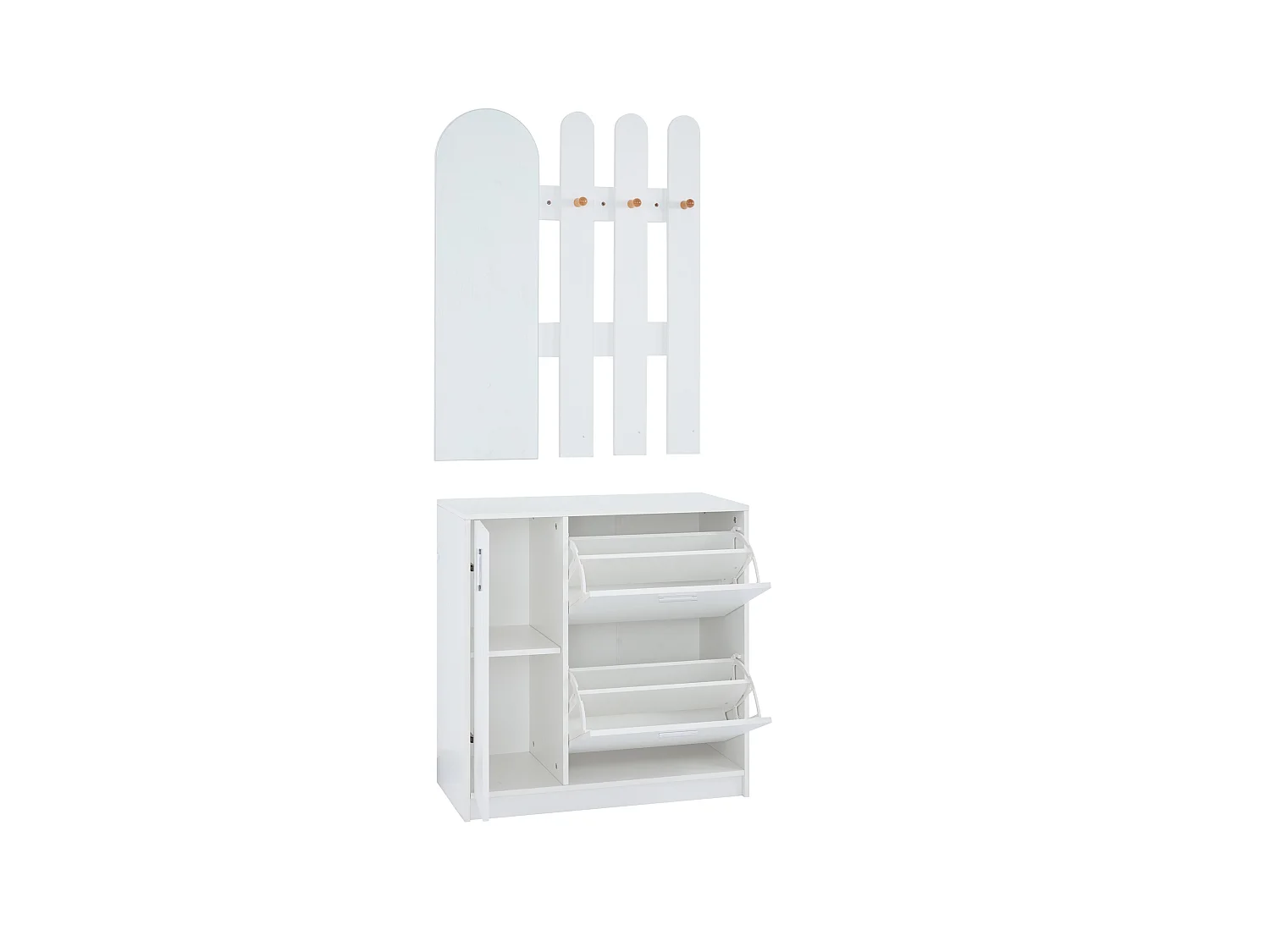 Meuble à chaussures - 80 x 80 x 35 cm - avec 2 portes pliantes + miroir + crochets + 3 portes - MDF - blanc