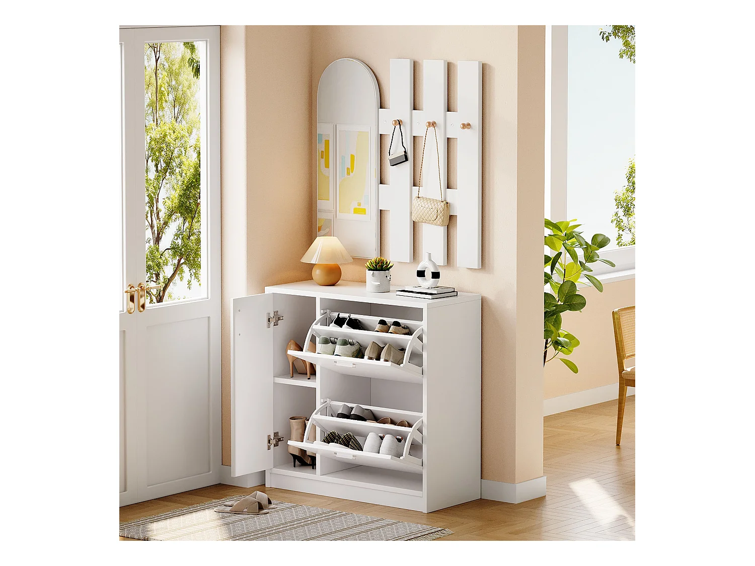 Meuble à chaussures - 80 x 80 x 35 cm - avec 2 portes pliantes + miroir + crochets + 3 portes - MDF - blanc