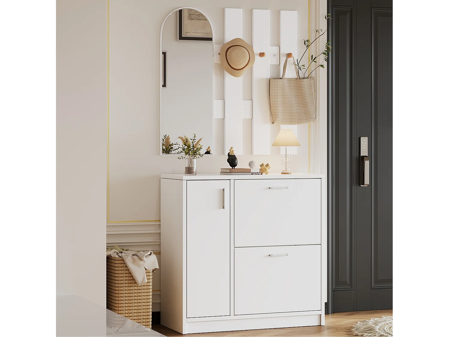 Meuble à chaussures - 80 x 80 x 35 cm - avec 2 portes pliantes + miroir + crochets + 3 portes - MDF - blanc