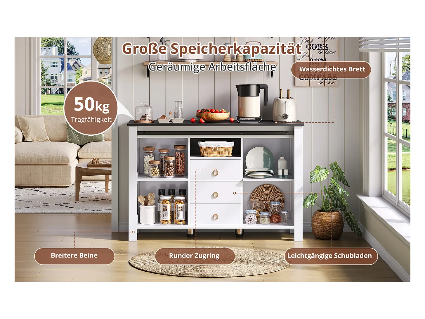 Buffet moderne - 120 x 40 x 80 cm - avec 2 portes coulissantes + 3 tiroirs - MDF - blanc