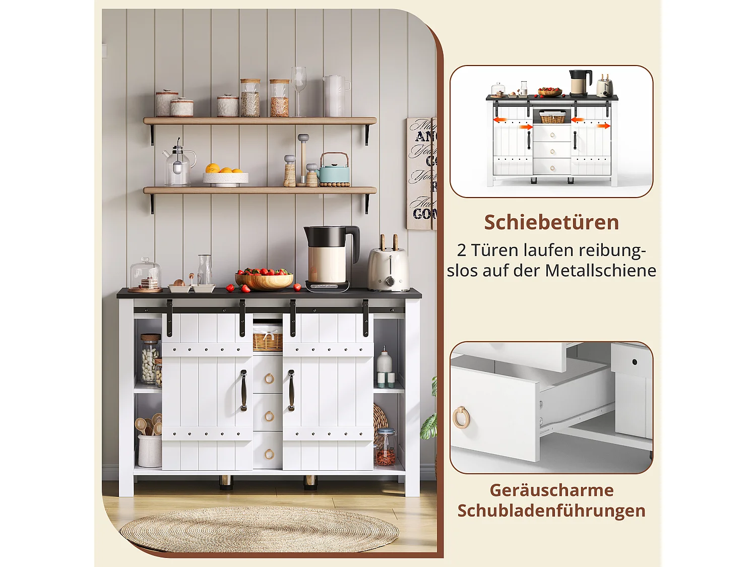 Buffet moderne - 120 x 40 x 80 cm - avec 2 portes coulissantes + 3 tiroirs - MDF - blanc