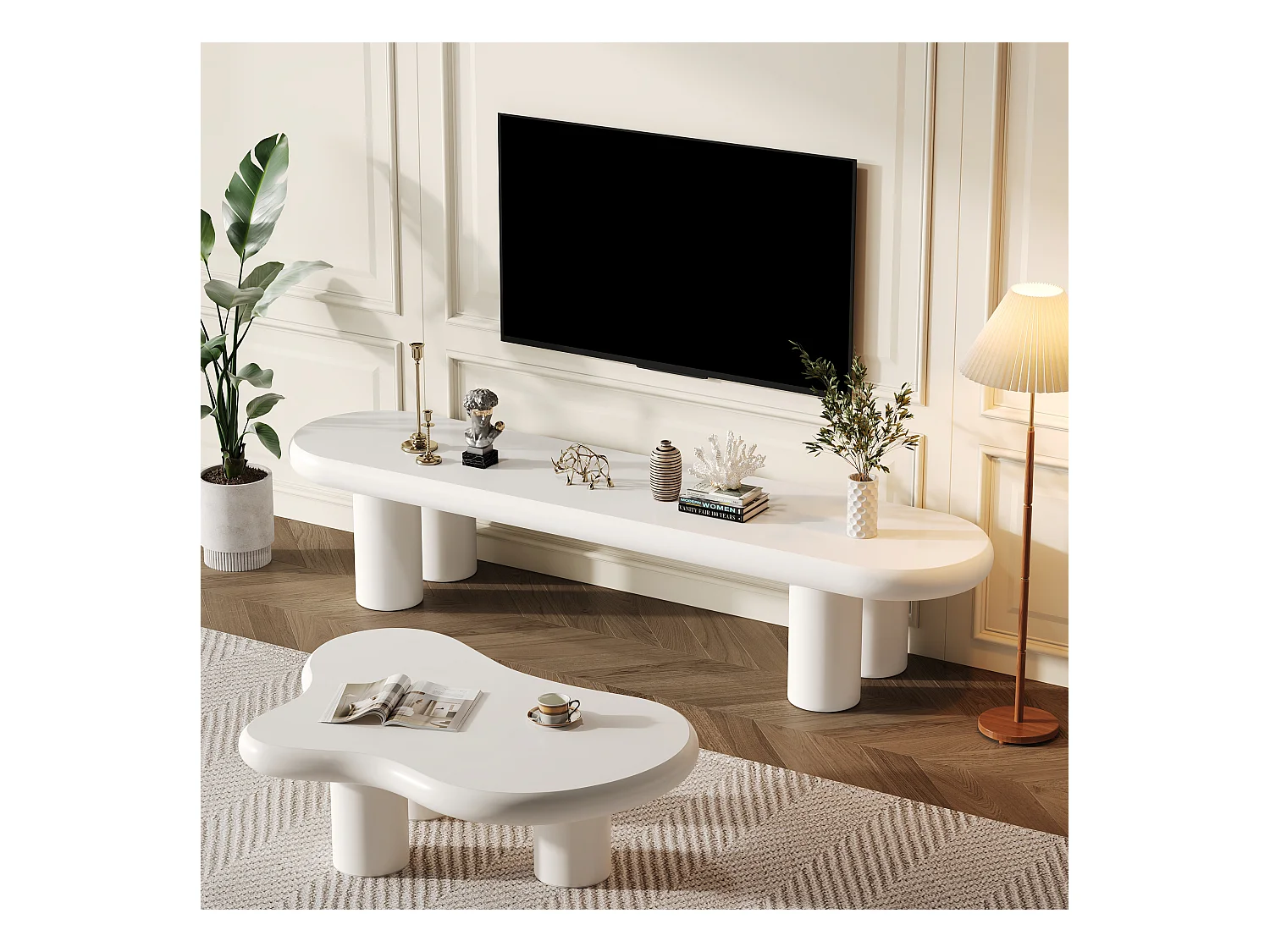 Meuble TV + table basse nuage - 160 x 40 x 40 cm - pour téléviseurs 65 pouces + table d'appoint - MDF - blanc