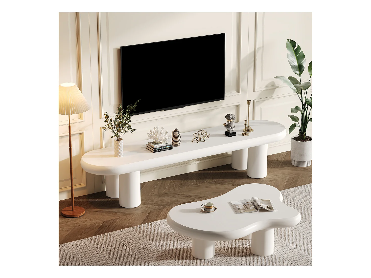 Meuble TV + table basse nuage - 160 x 40 x 40 cm - pour téléviseurs 65 pouces + table d'appoint - MDF - blanc