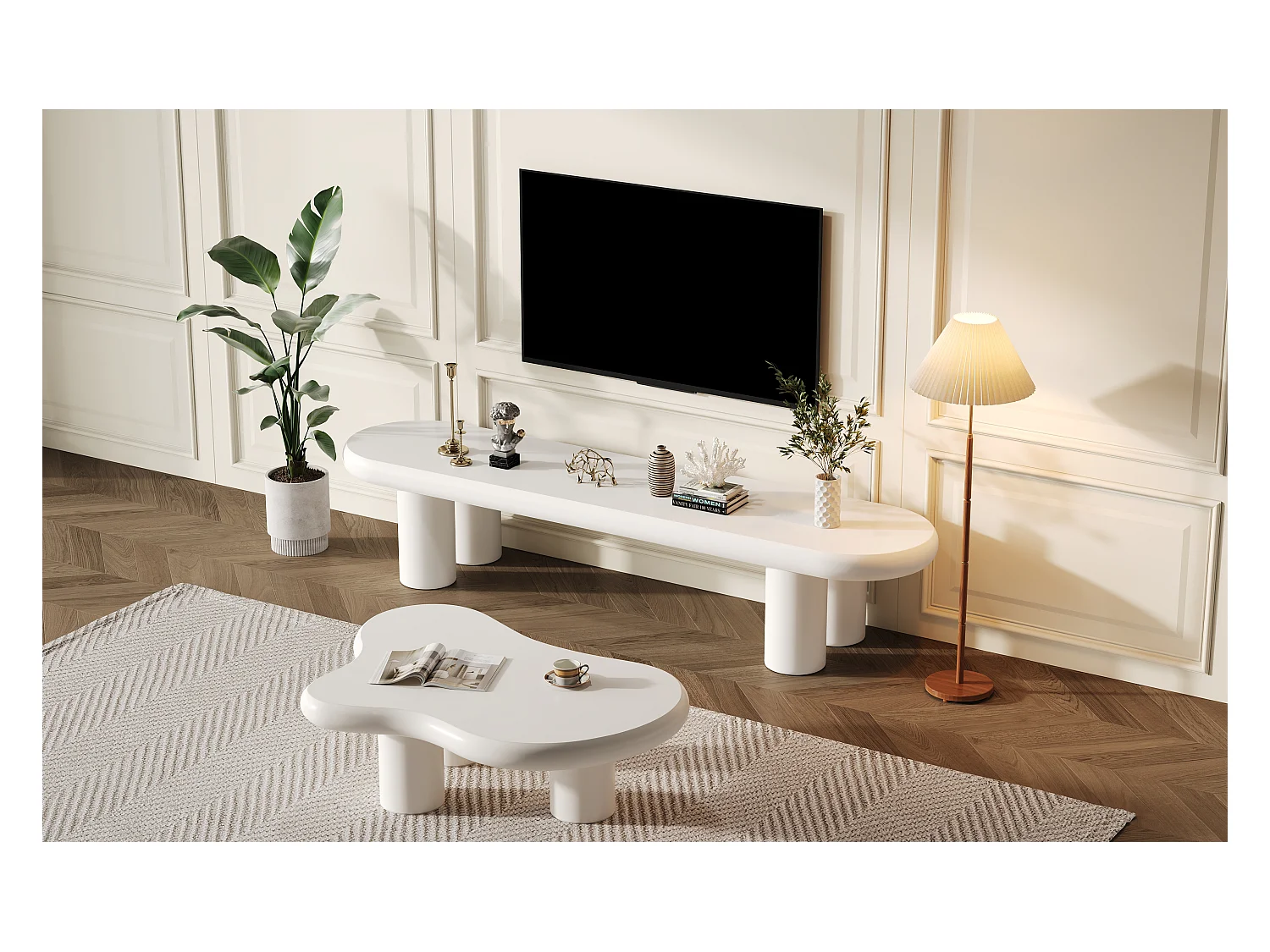 Meuble TV + table basse nuage - 160 x 40 x 40 cm - pour téléviseurs 65 pouces + table d'appoint - MDF - blanc