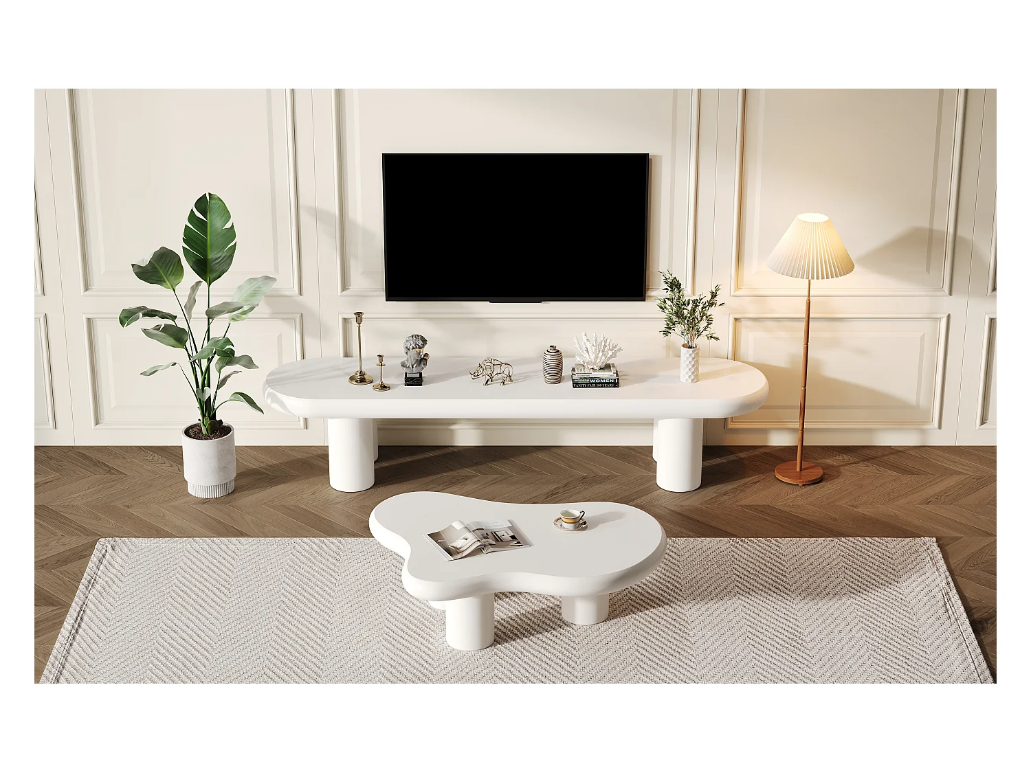 Meuble TV + table basse nuage - 160 x 40 x 40 cm - pour téléviseurs 65 pouces + table d'appoint - MDF - blanc