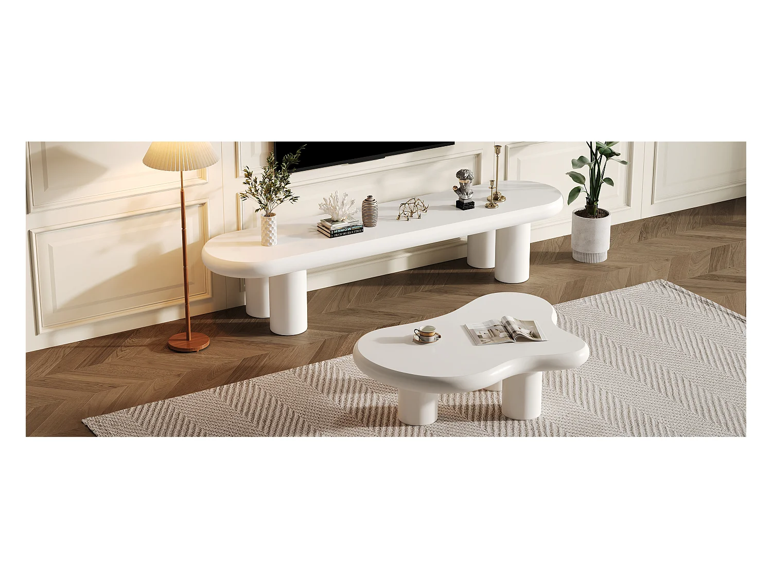Meuble TV + table basse nuage - 160 x 40 x 40 cm - pour téléviseurs 65 pouces + table d'appoint - MDF - blanc