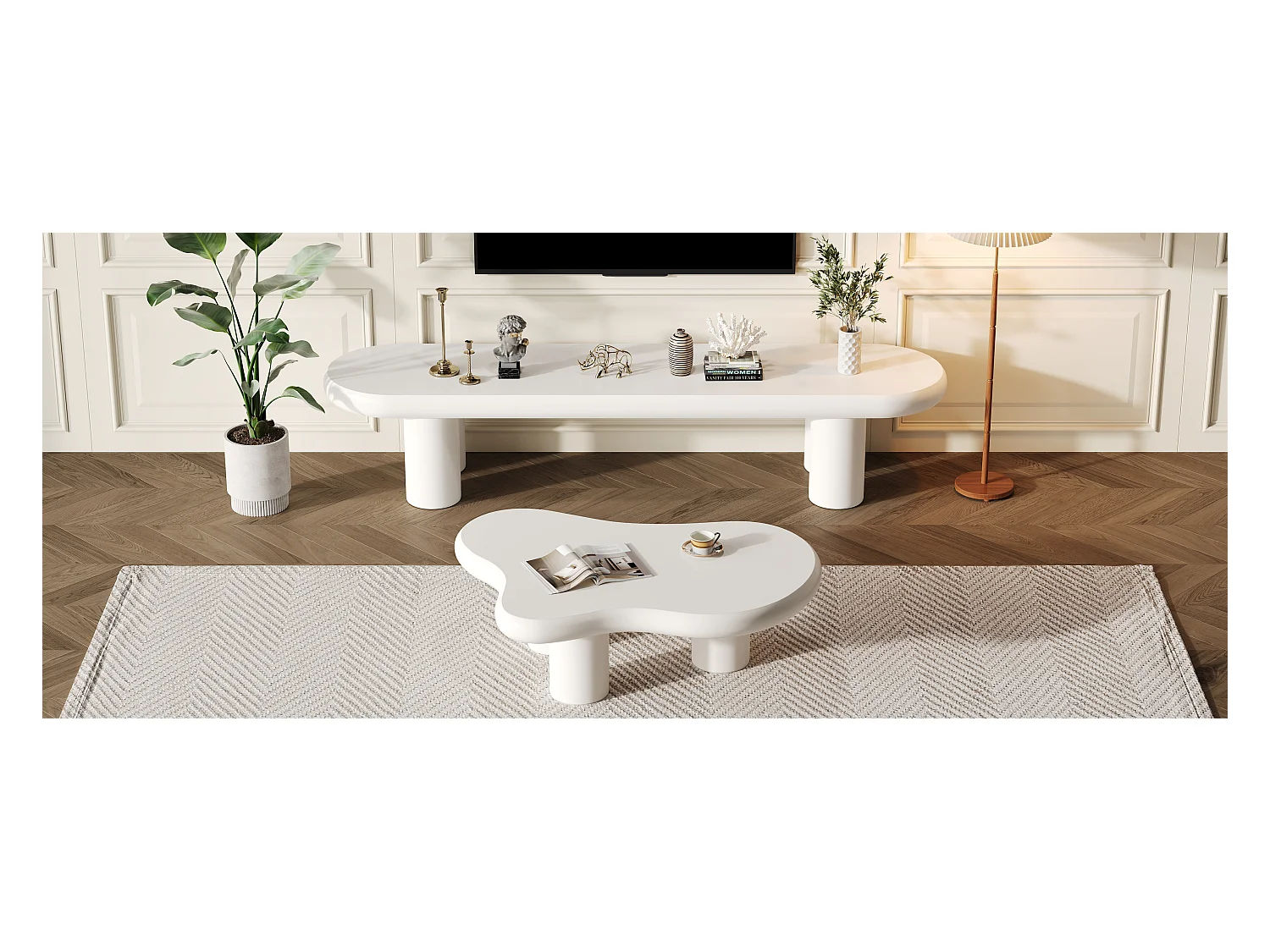 Meuble TV + table basse nuage - 160 x 40 x 40 cm - pour téléviseurs 65 pouces + table d'appoint - MDF - blanc