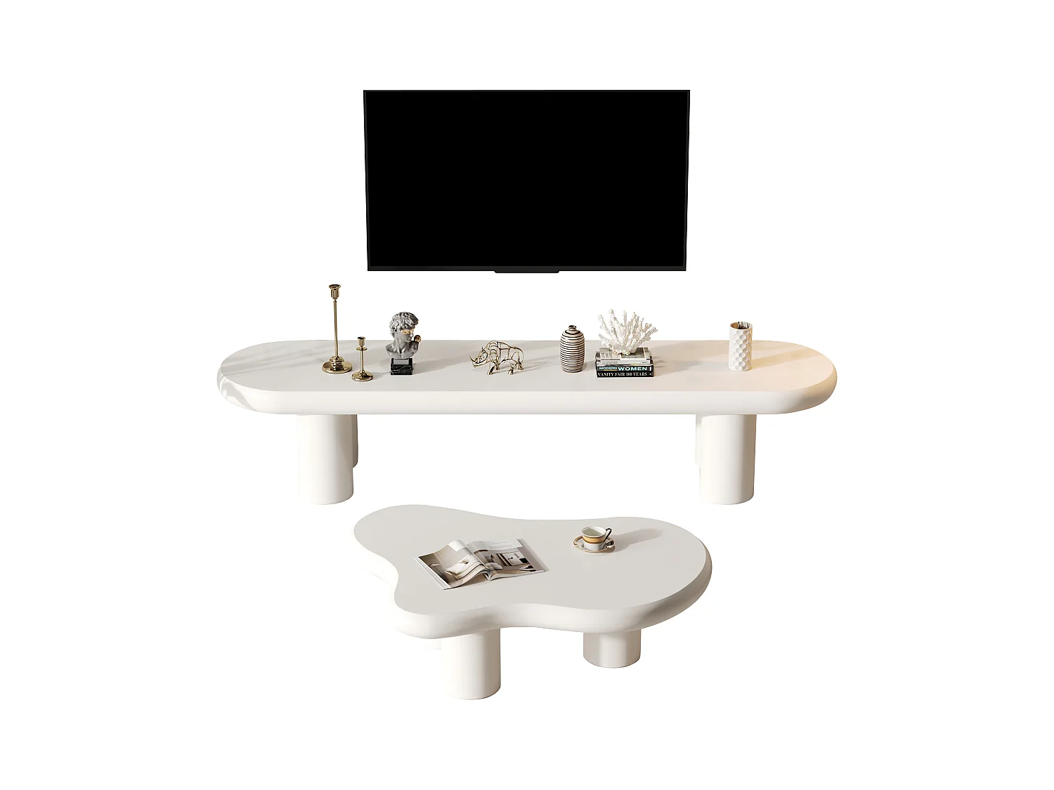Meuble TV + table basse nuage - 160 x 40 x 40 cm - pour téléviseurs 65 pouces + table d'appoint - MDF - blanc