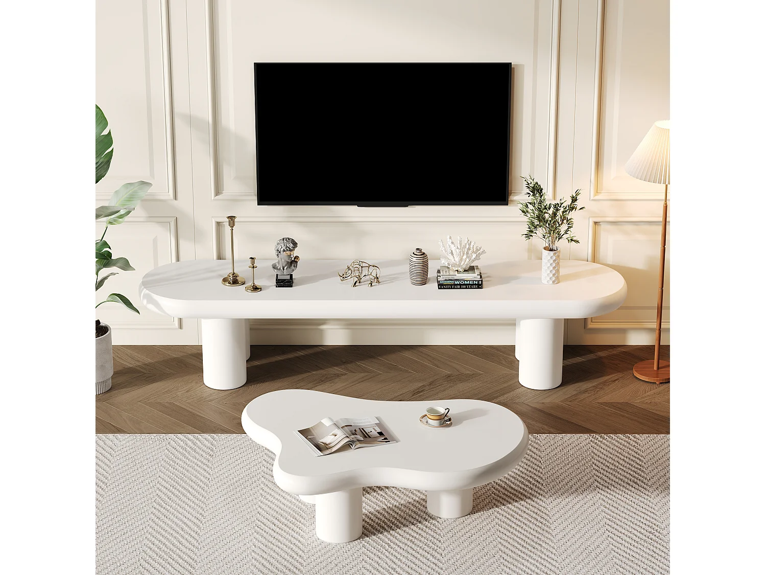 Cloud TV-Ständer + Couchtisch – 160 x 40 x 40 cm – für 65-Zoll-Fernseher + Beistelltisch – MDF – Weiß