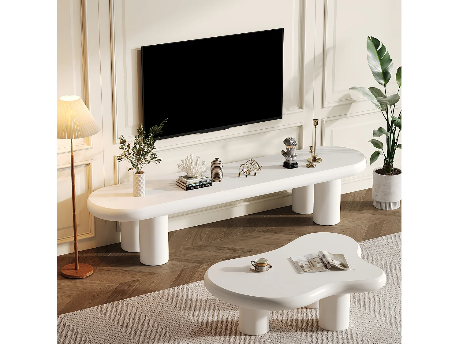 Cloud TV-Ständer + Couchtisch – 160 x 40 x 40 cm – für 65-Zoll-Fernseher + Beistelltisch – MDF – Weiß