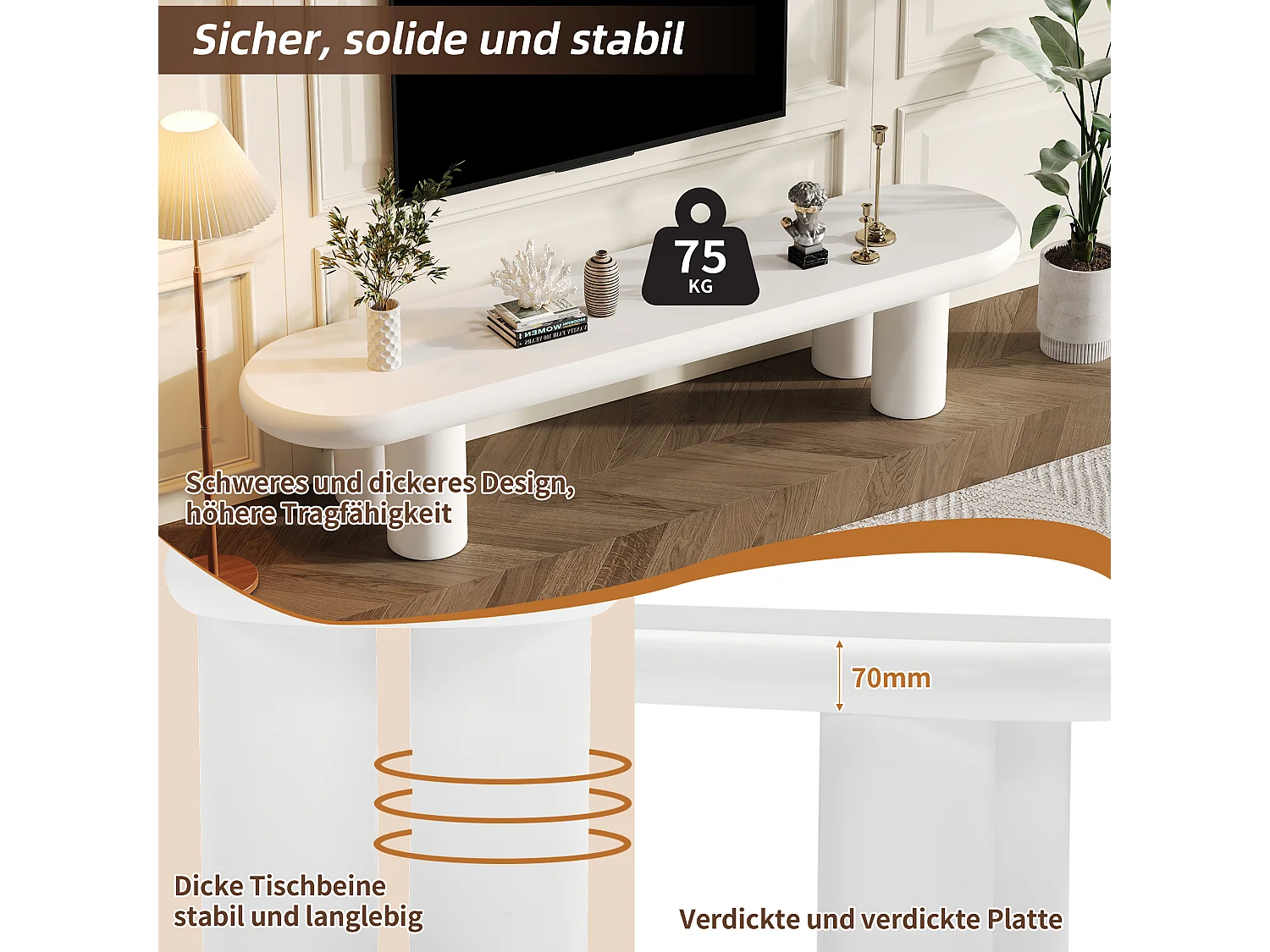 Cloud TV-Ständer + Couchtisch – 160 x 40 x 40 cm – für 65-Zoll-Fernseher + Beistelltisch – MDF – Weiß