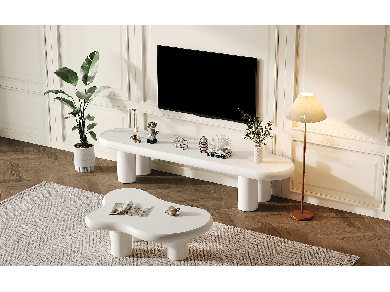 Cloud TV-Ständer + Couchtisch – 160 x 40 x 40 cm – für 65-Zoll-Fernseher + Beistelltisch – MDF – Weiß