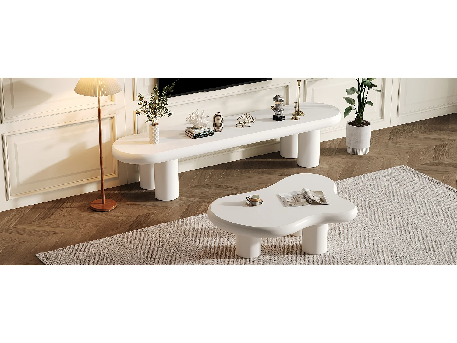 Cloud TV-Ständer + Couchtisch – 160 x 40 x 40 cm – für 65-Zoll-Fernseher + Beistelltisch – MDF – Weiß