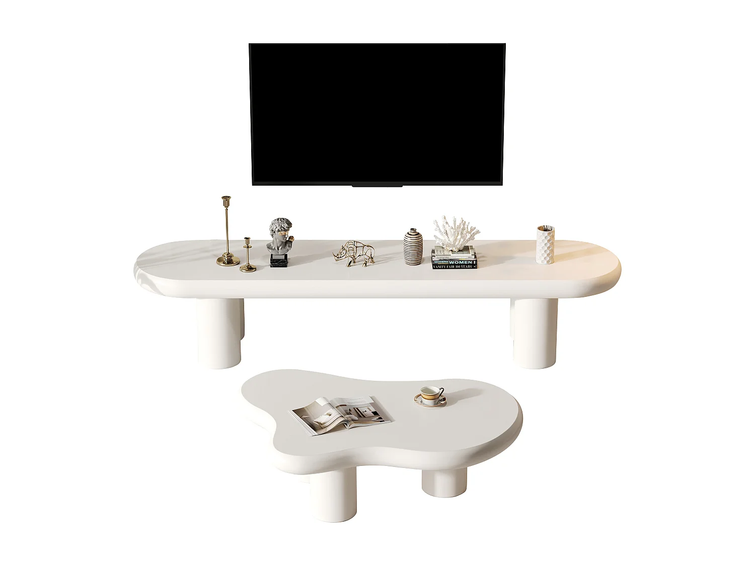 Cloud TV-Ständer + Couchtisch – 160 x 40 x 40 cm – für 65-Zoll-Fernseher + Beistelltisch – MDF – Weiß