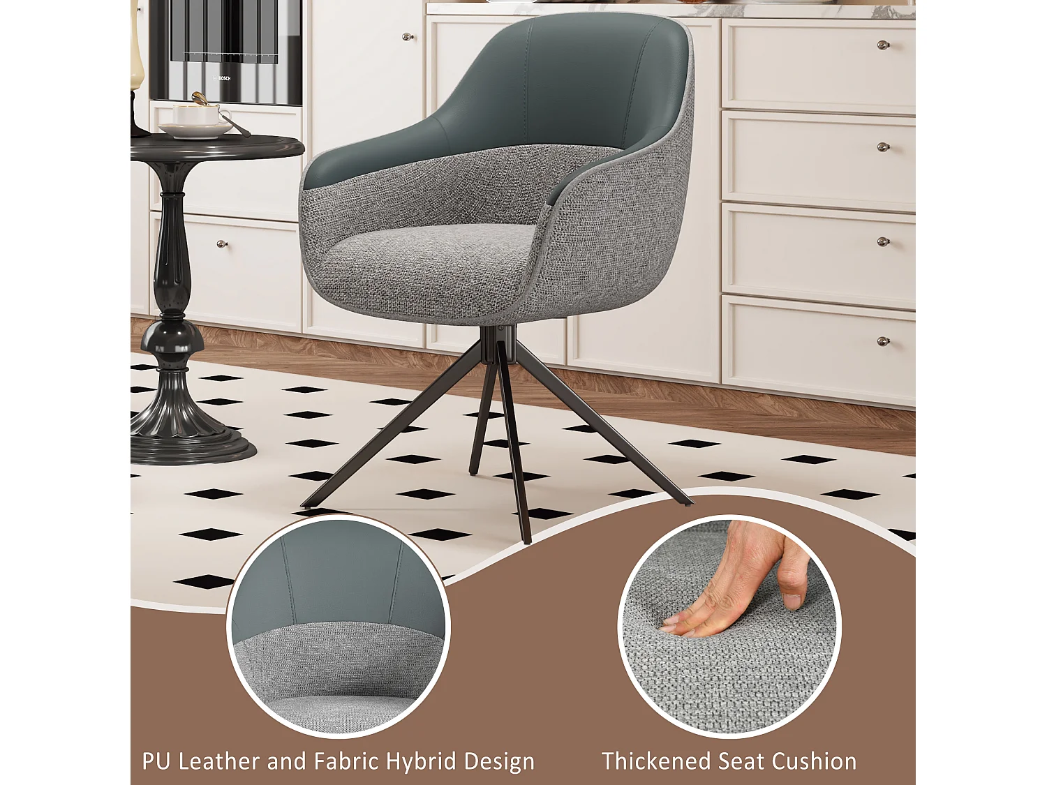 Lot de 2 chaises pivotantes - 48 x 44 x 83.5 cm - rembourrées et réglables en hauteur - cuir PU + velours + métal - gris