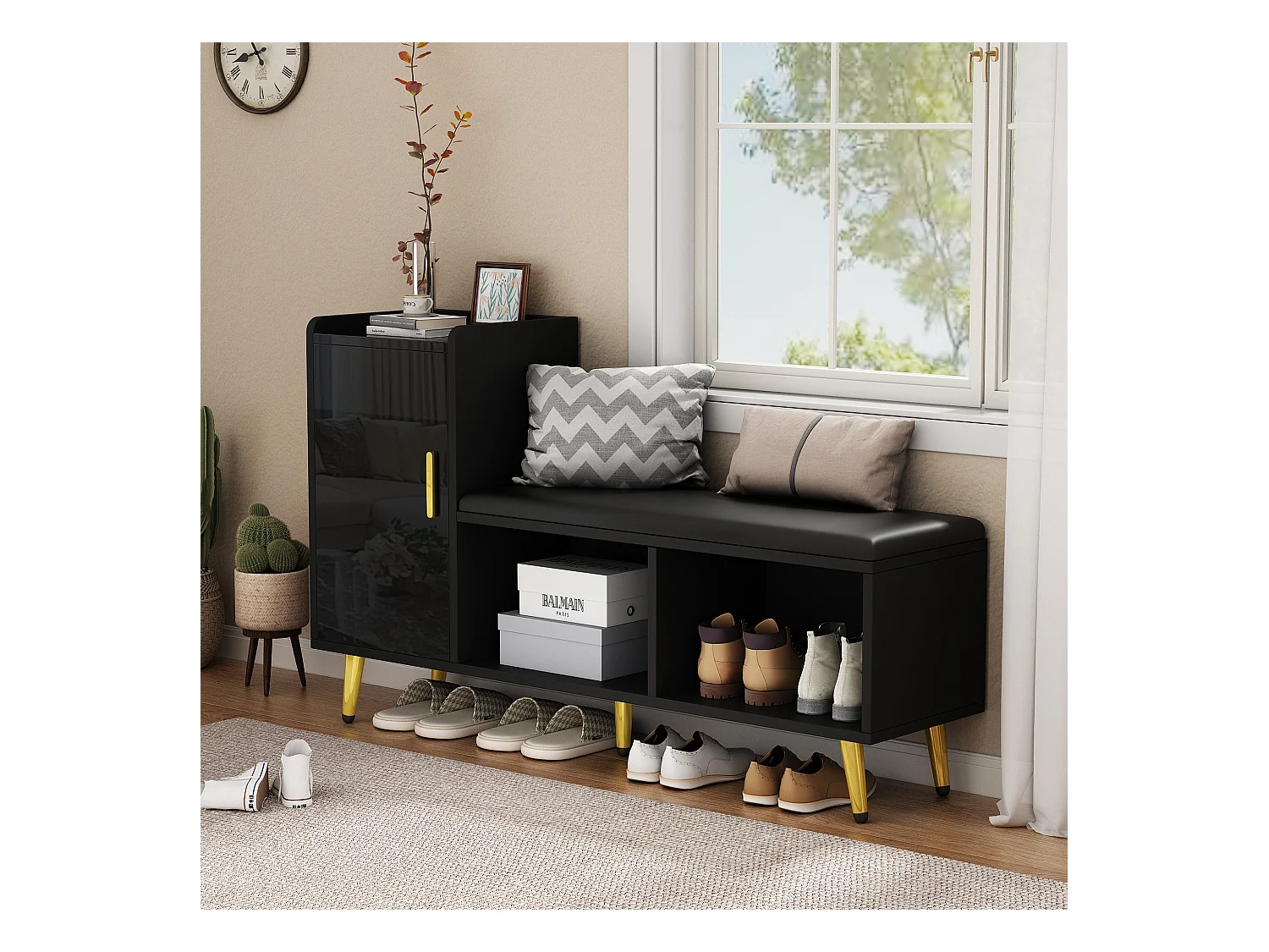 Meuble à chaussures - 120 x 35 x 71.5 cm - avec assise rembourrée + rangements - aggloméré - noir