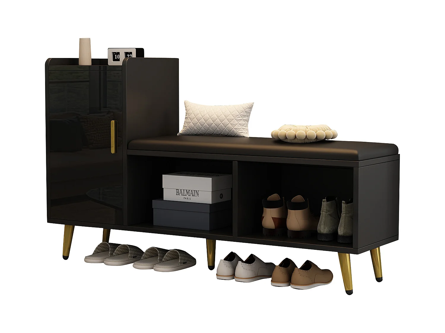 Meuble à chaussures - 120 x 35 x 71.5 cm - avec assise rembourrée + rangements - aggloméré - noir