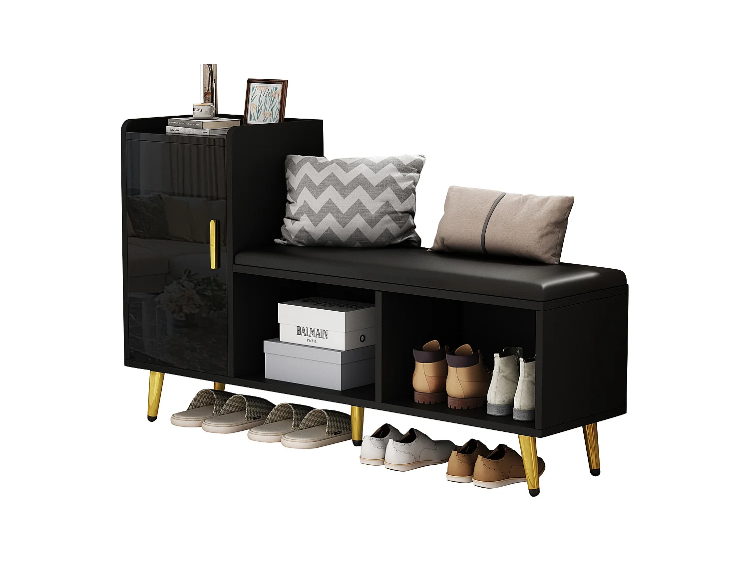 Meuble à chaussures - 120 x 35 x 71.5 cm - avec assise rembourrée + rangements - aggloméré - noir