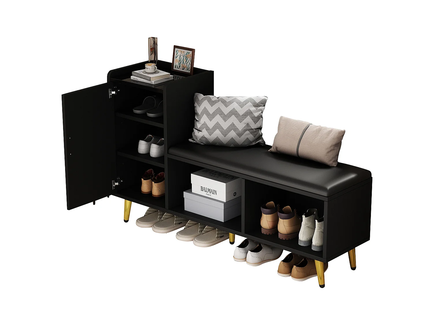 Meuble à chaussures - 120 x 35 x 71.5 cm - avec assise rembourrée + rangements - aggloméré - noir