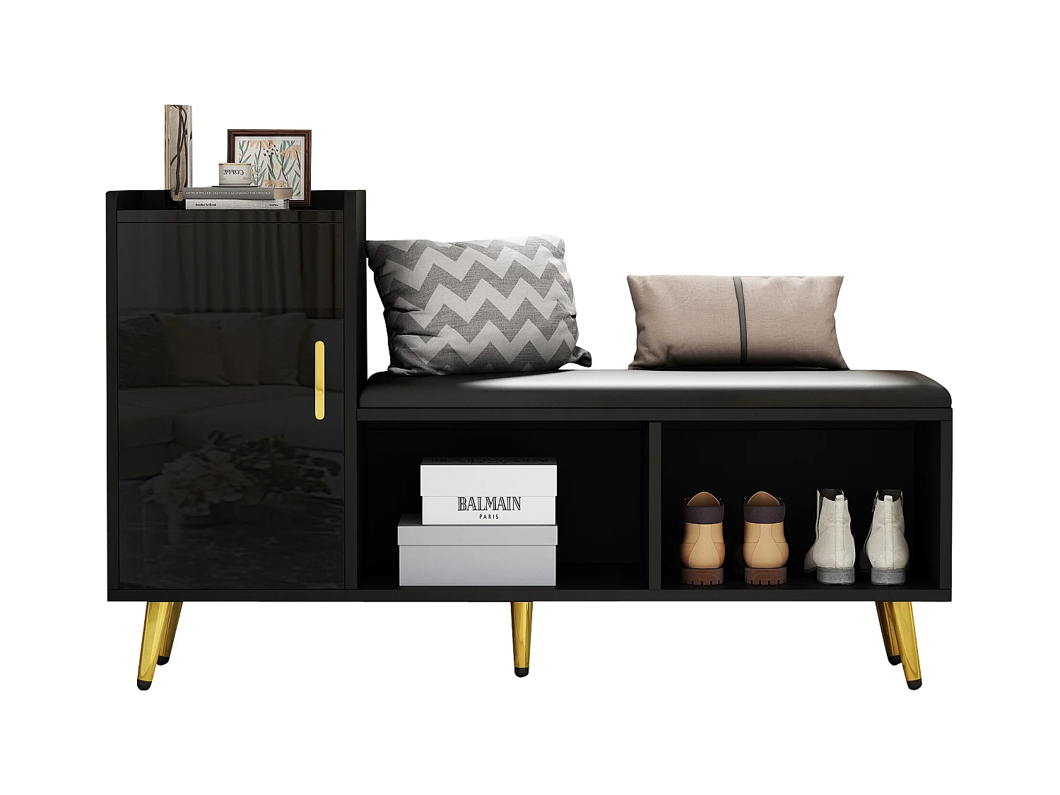 Meuble à chaussures - 120 x 35 x 71.5 cm - avec assise rembourrée + rangements - aggloméré - noir