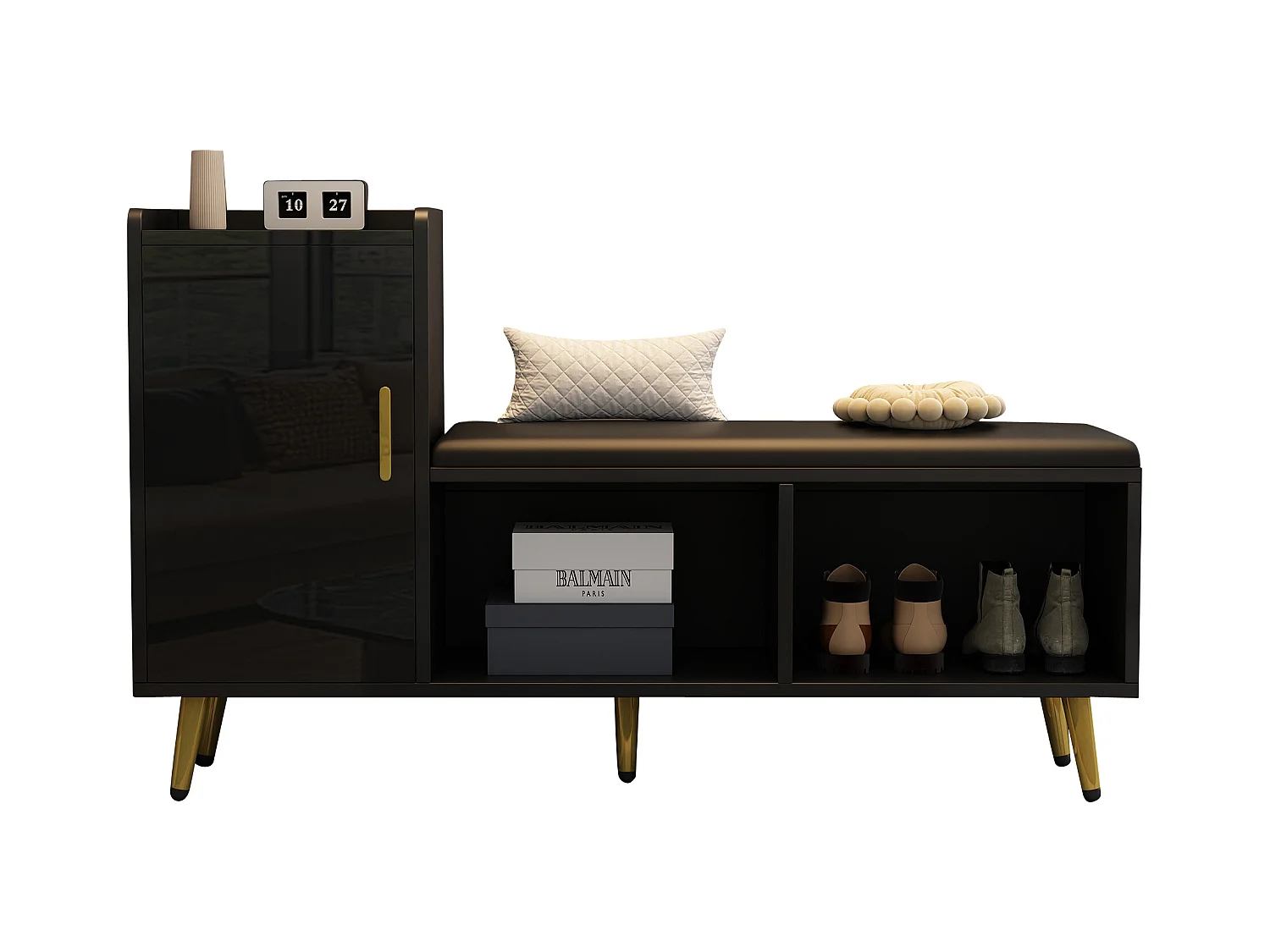 Meuble à chaussures - 120 x 35 x 71.5 cm - avec assise rembourrée + rangements - aggloméré - noir