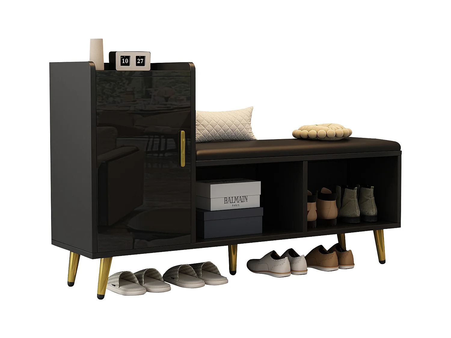 Meuble à chaussures - 120 x 35 x 71.5 cm - avec assise rembourrée + rangements - aggloméré - noir