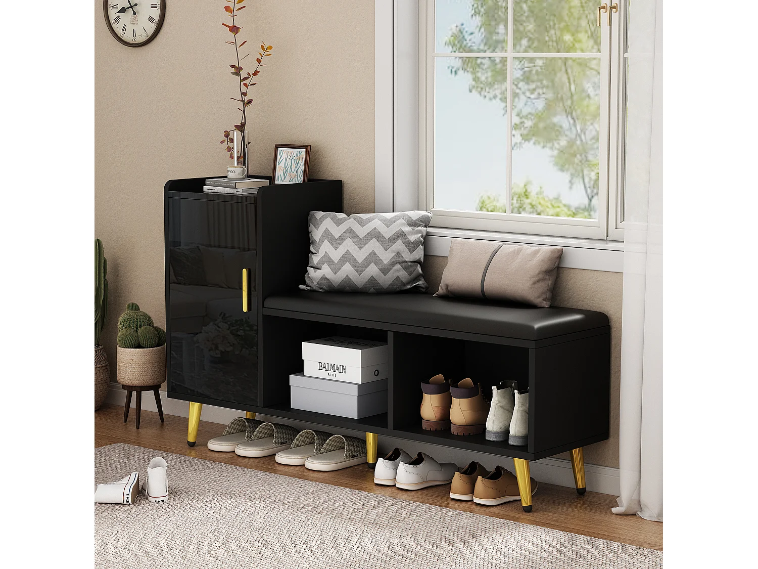 Meuble à chaussures - 120 x 35 x 71.5 cm - avec assise rembourrée + rangements - aggloméré - noir