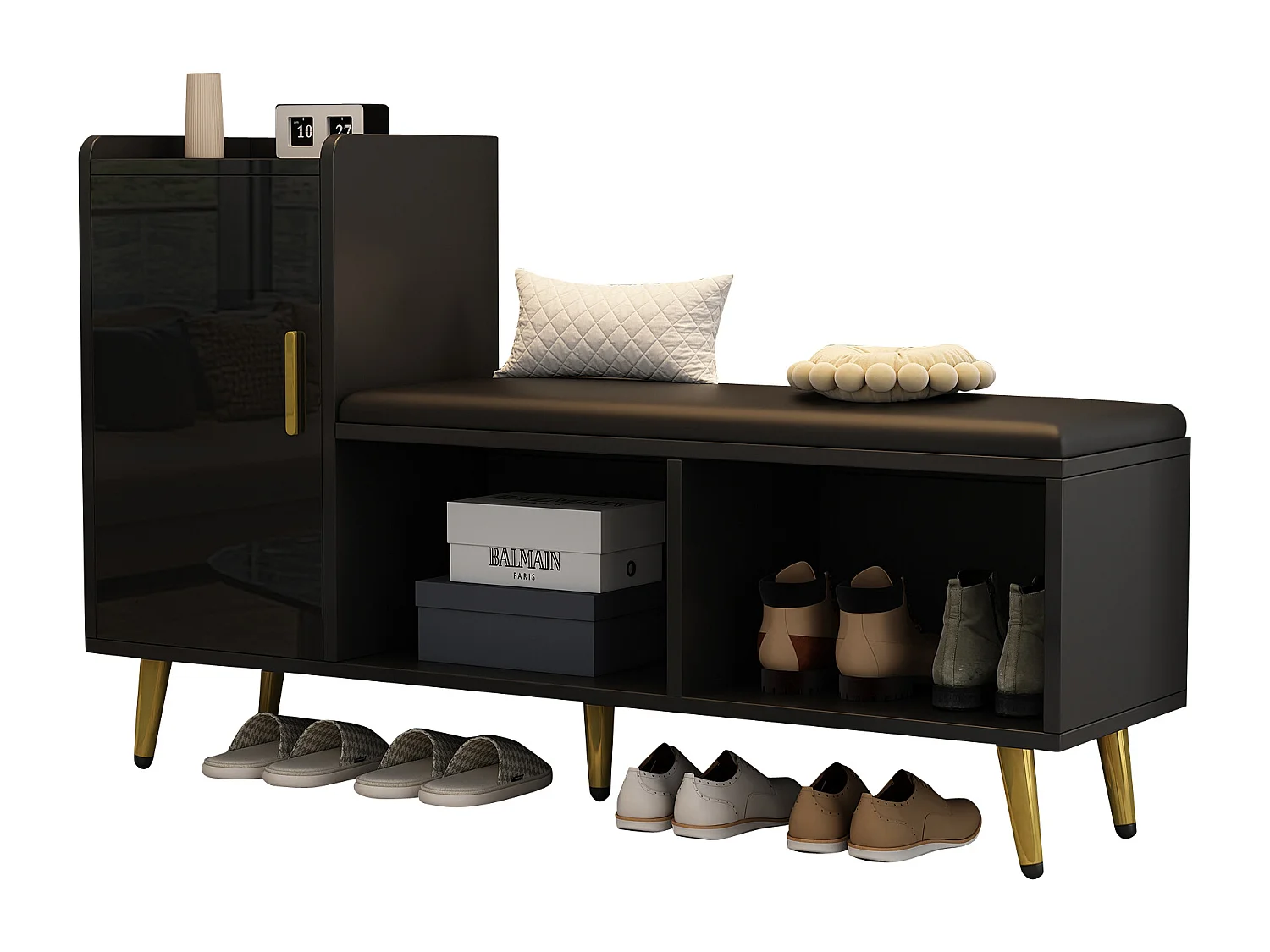 Meuble à chaussures - 120 x 35 x 71.5 cm - avec assise rembourrée + rangements - aggloméré - noir