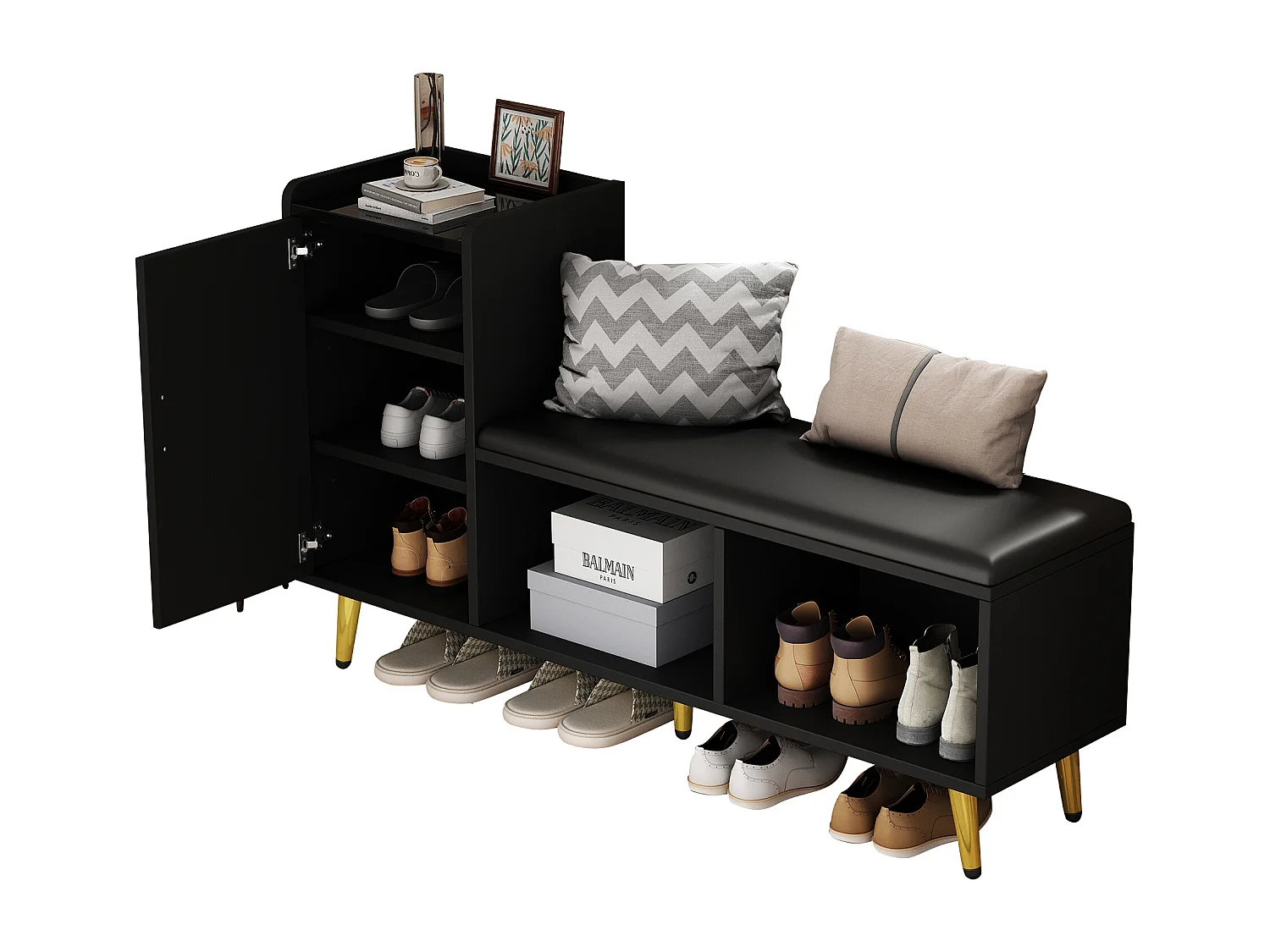 Meuble à chaussures - 120 x 35 x 71.5 cm - avec assise rembourrée + rangements - aggloméré - noir