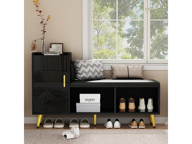 Meuble à chaussures - 120 x 35 x 71.5 cm - avec assise rembourrée + rangements - aggloméré - noir