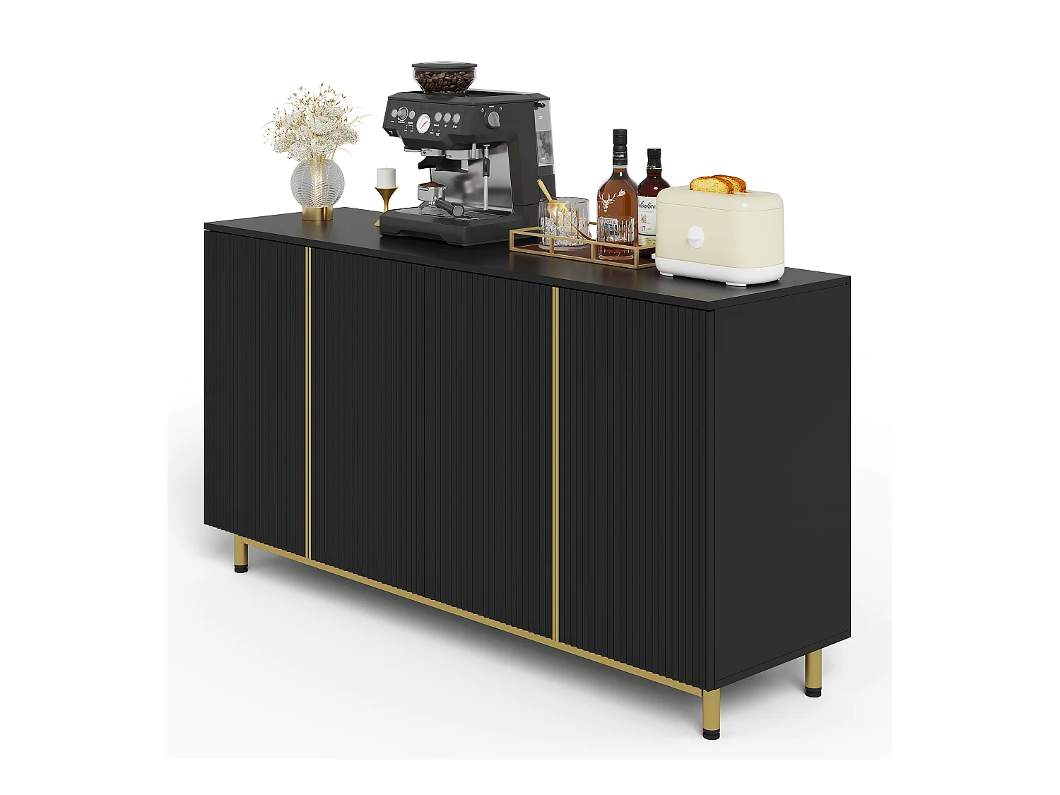 Buffet moderne - 150 x 47.5 x 80 cm - avec 4 portes - pieds métalliques réglables - MDF - noir