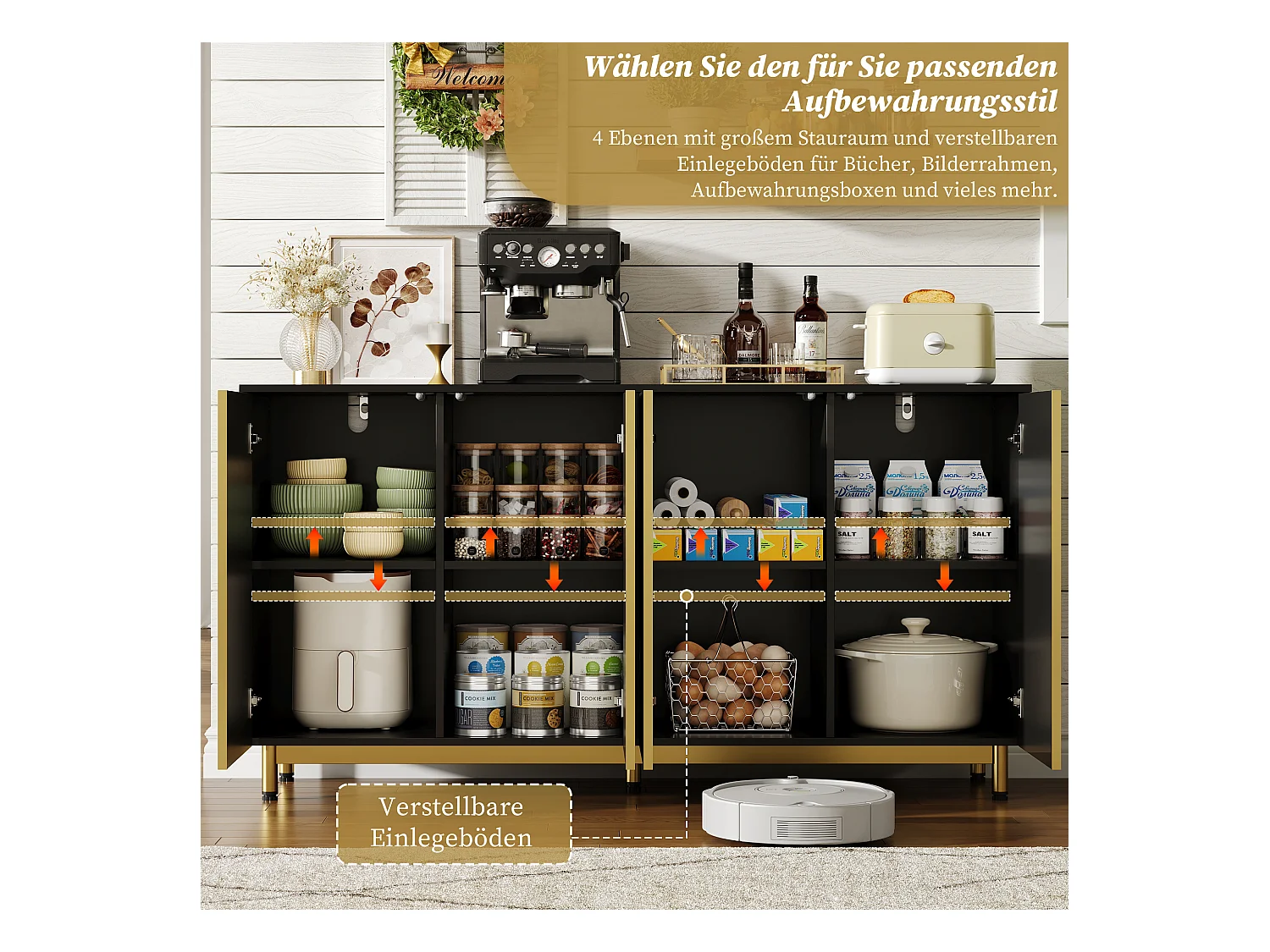 Buffet moderne - 150 x 47.5 x 80 cm - avec 4 portes - pieds métalliques réglables - MDF - noir