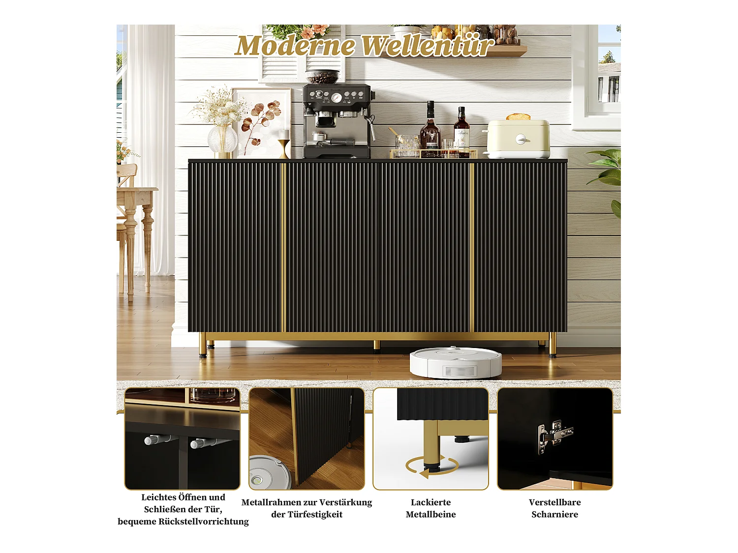 Buffet moderne - 150 x 47.5 x 80 cm - avec 4 portes - pieds métalliques réglables - MDF - noir