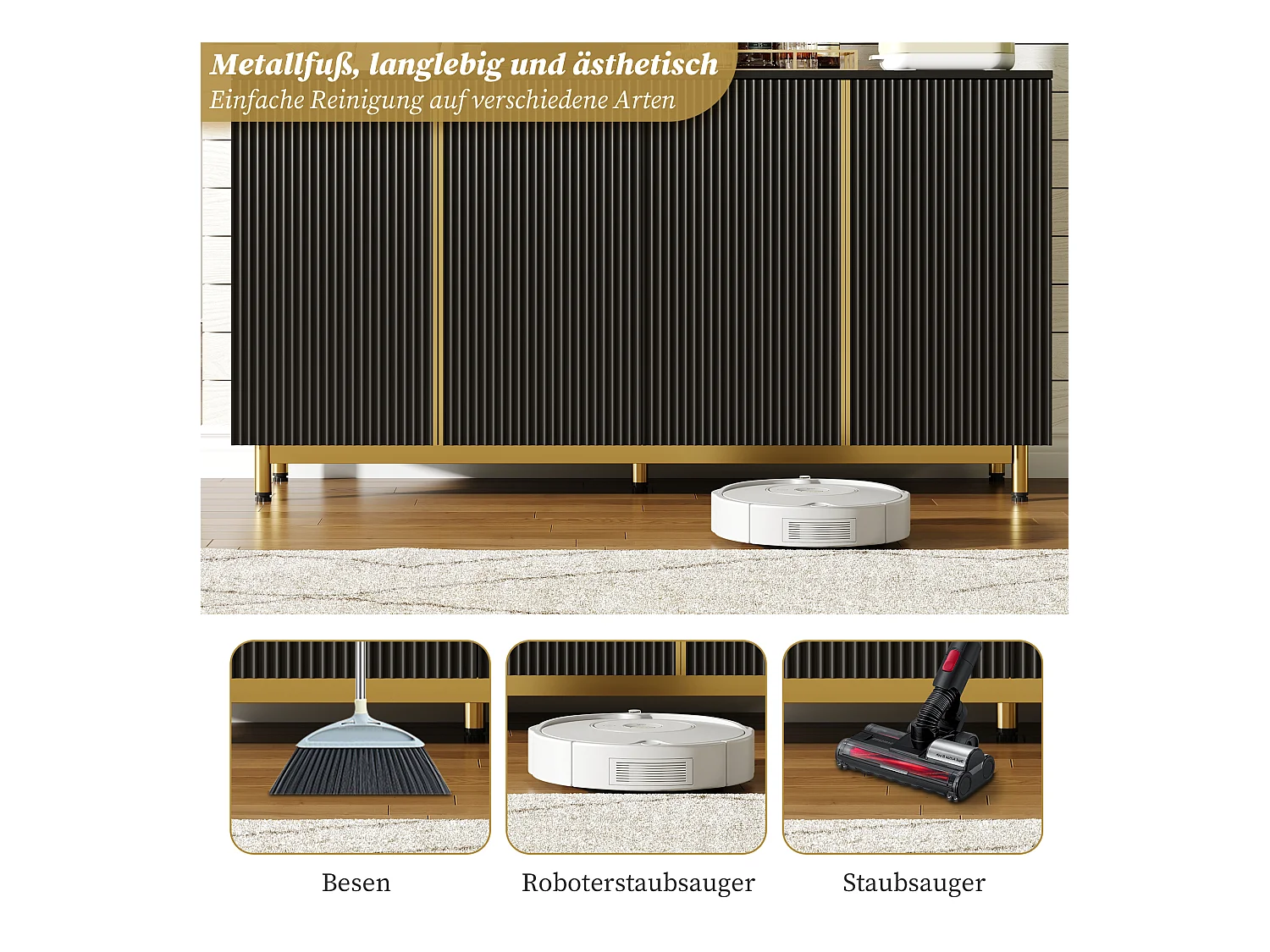 Buffet moderne - 150 x 47.5 x 80 cm - avec 4 portes - pieds métalliques réglables - MDF - noir