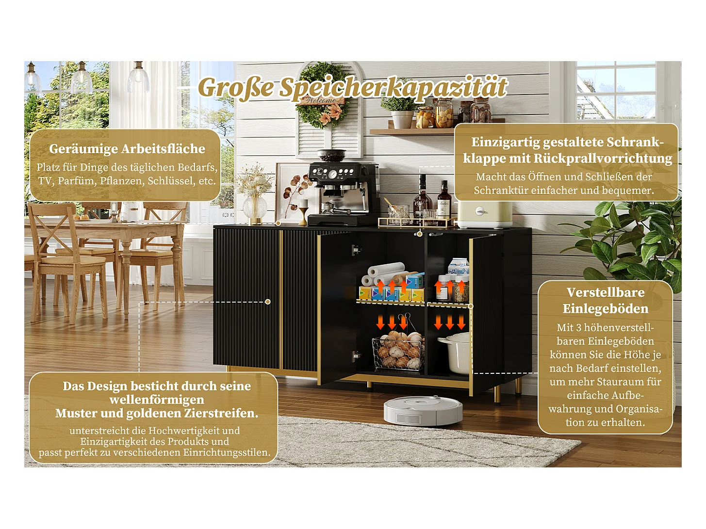 Buffet moderne - 150 x 47.5 x 80 cm - avec 4 portes - pieds métalliques réglables - MDF - noir