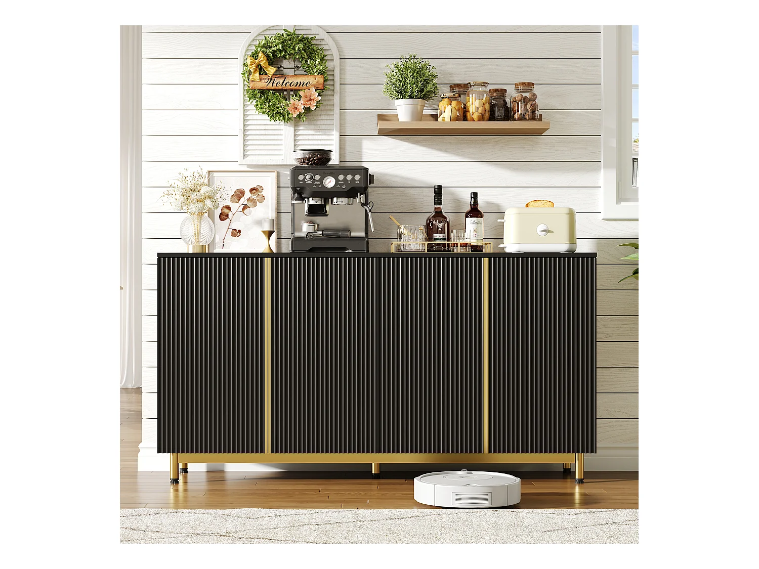 Modernes Sideboard – 150 x 47,5 x 80 cm – mit 4 Türen – Verstellbare Metallfüße – MDF – Schwarz