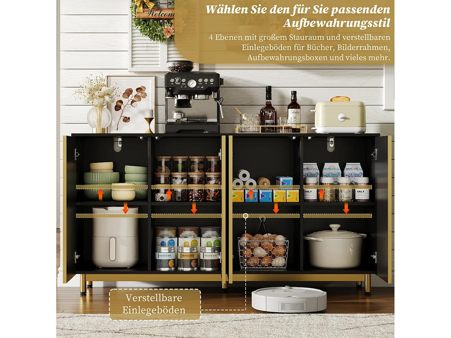 Credenza moderna - 150 x 47,5 x 80 cm - con 4 ante - Piedini regolabili in metallo - MDF - Nero