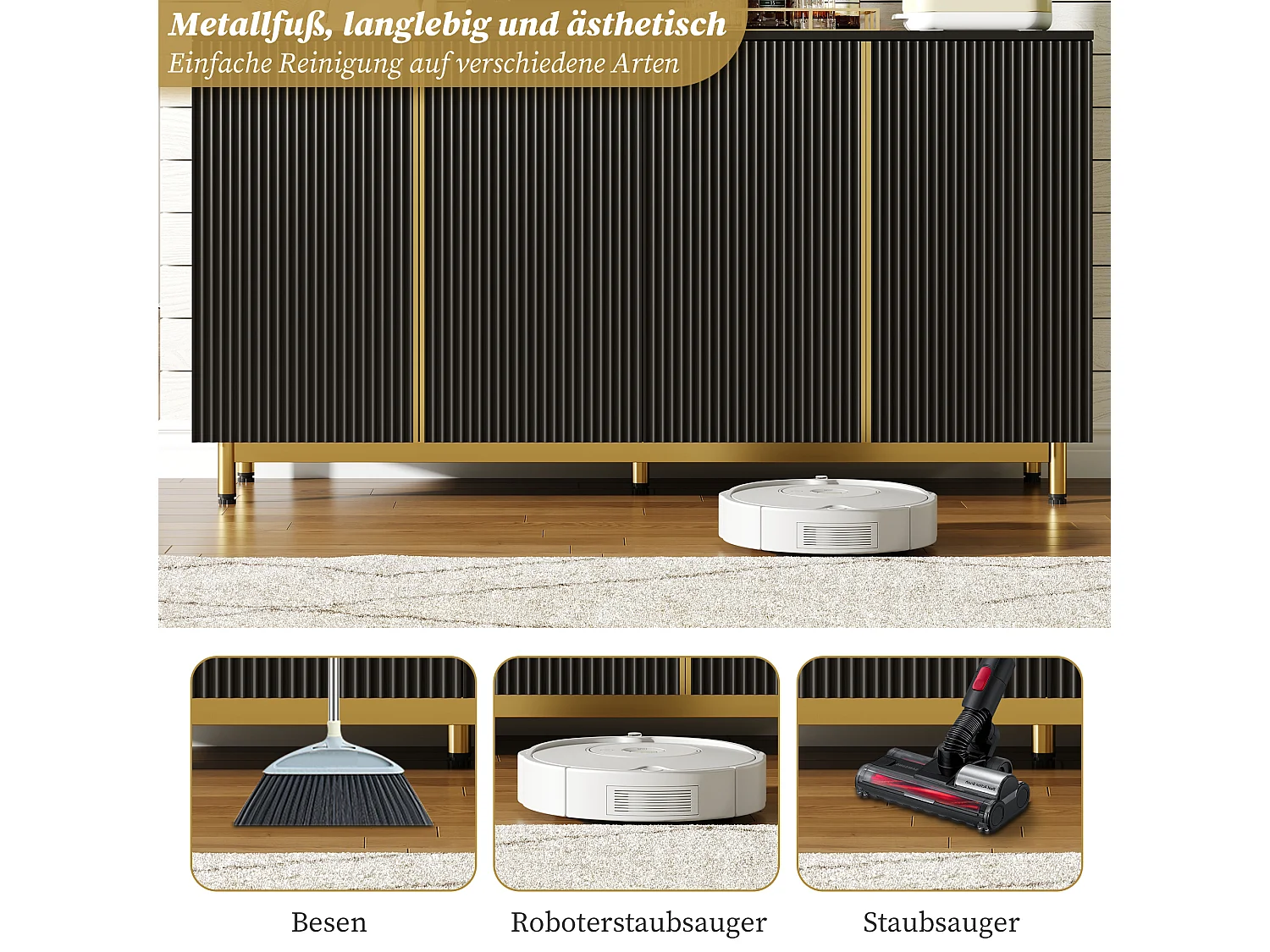 Credenza moderna - 150 x 47,5 x 80 cm - con 4 ante - Piedini regolabili in metallo - MDF - Nero