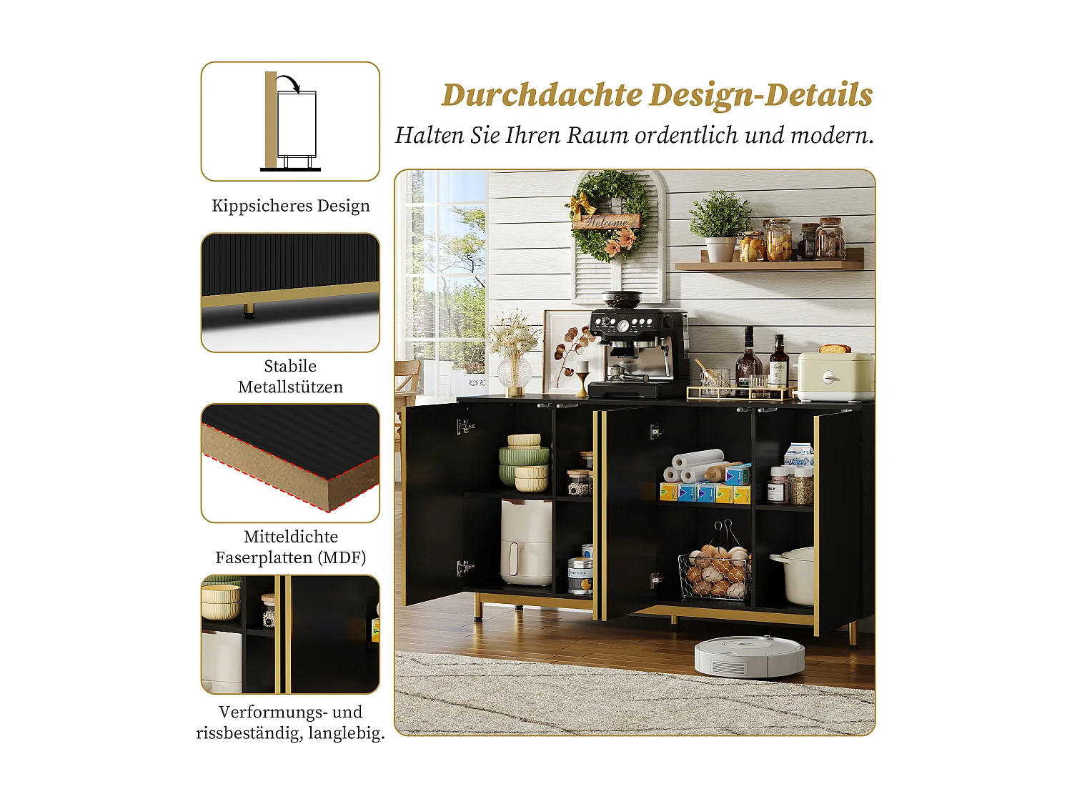 Credenza moderna - 150 x 47,5 x 80 cm - con 4 ante - Piedini regolabili in metallo - MDF - Nero