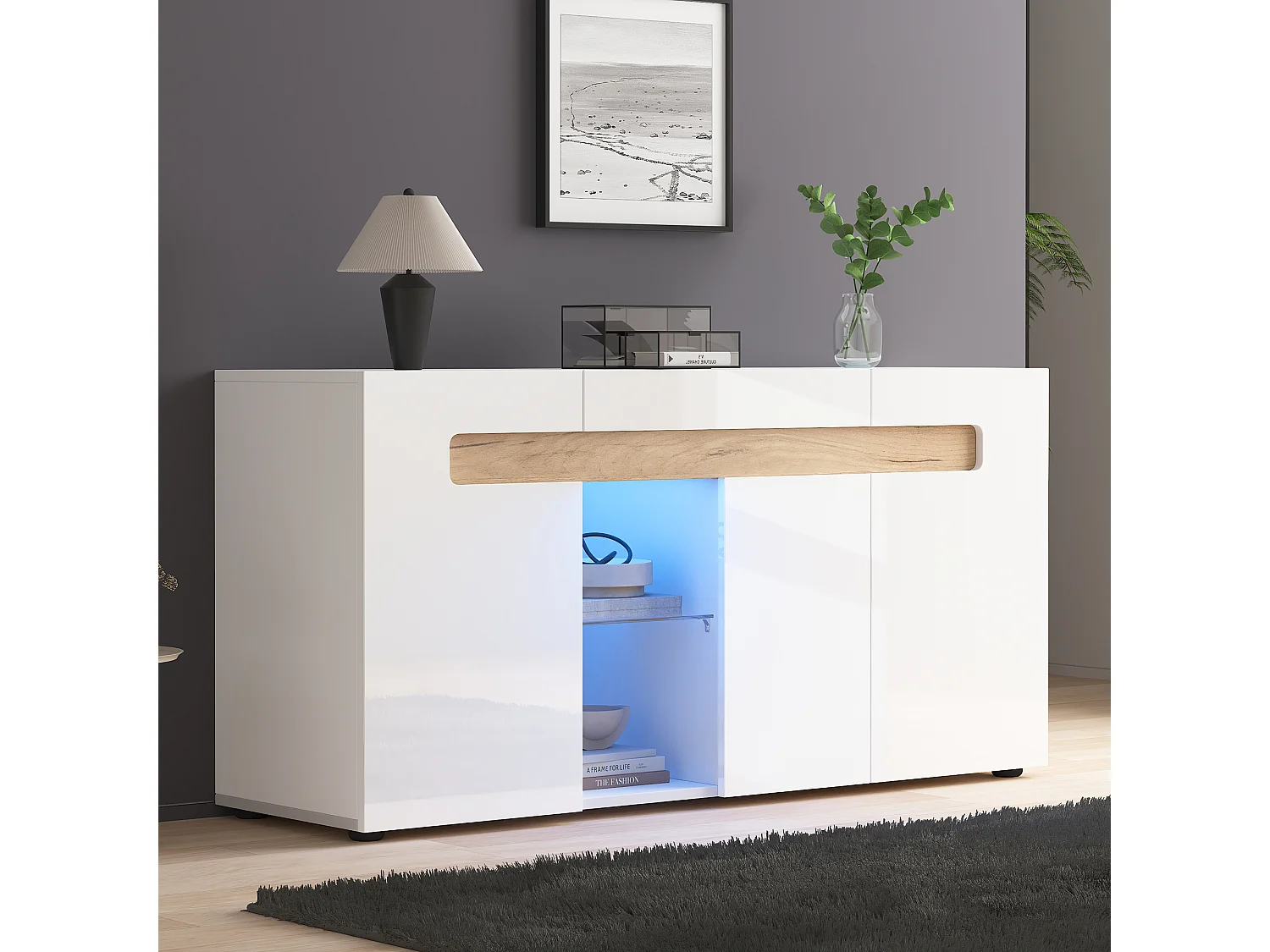 Credenza moderna - 140 x 40 x 70 cm - con 3 ante + LED + ripiano in vetro - Truciolato - Bianco