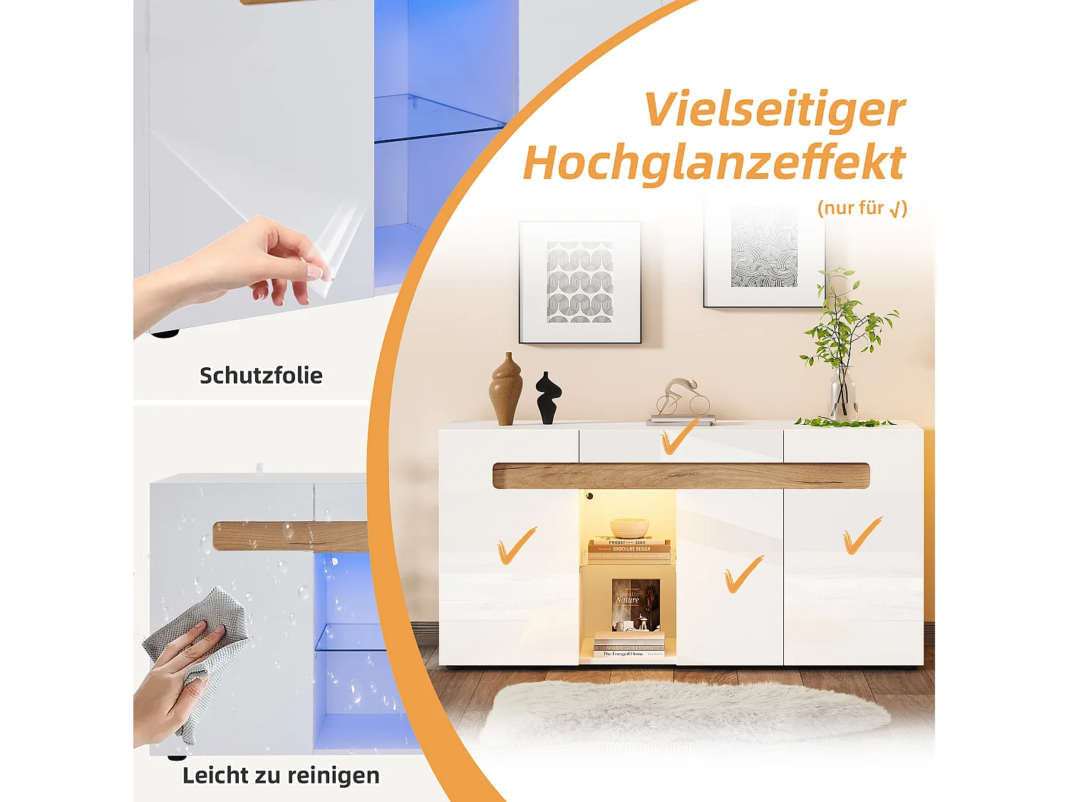 Credenza moderna - 140 x 40 x 70 cm - con 3 ante + LED + ripiano in vetro - Truciolato - Bianco