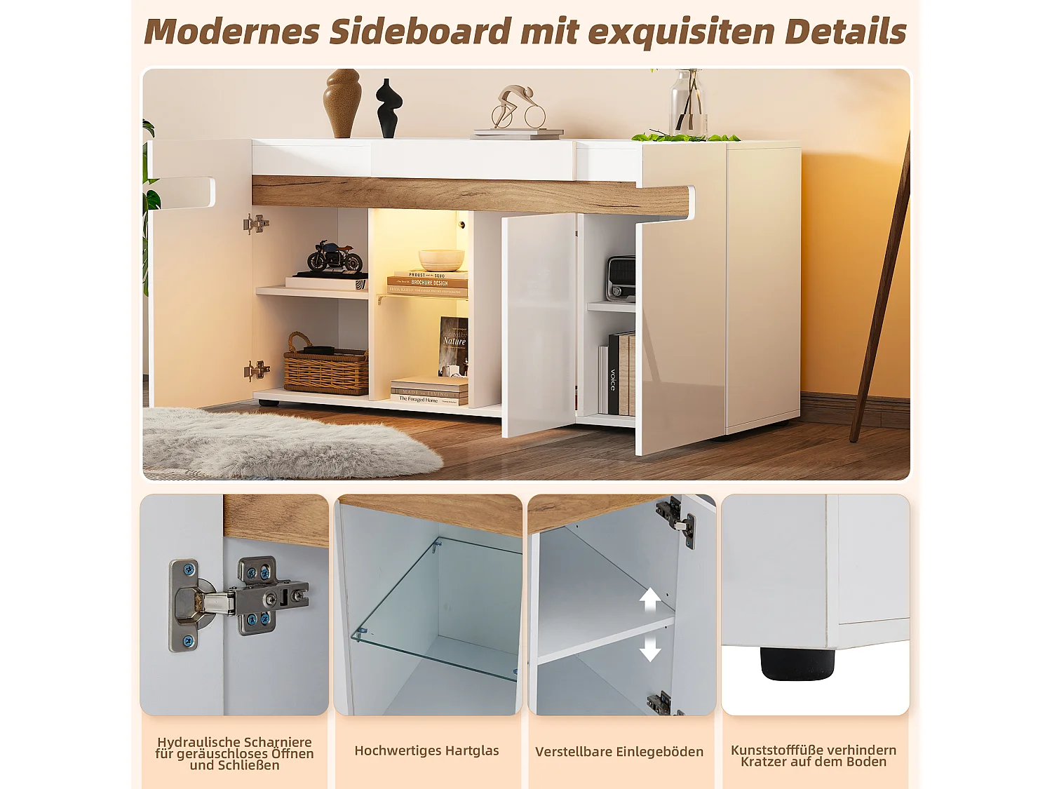 Credenza moderna - 140 x 40 x 70 cm - con 3 ante + LED + ripiano in vetro - Truciolato - Bianco