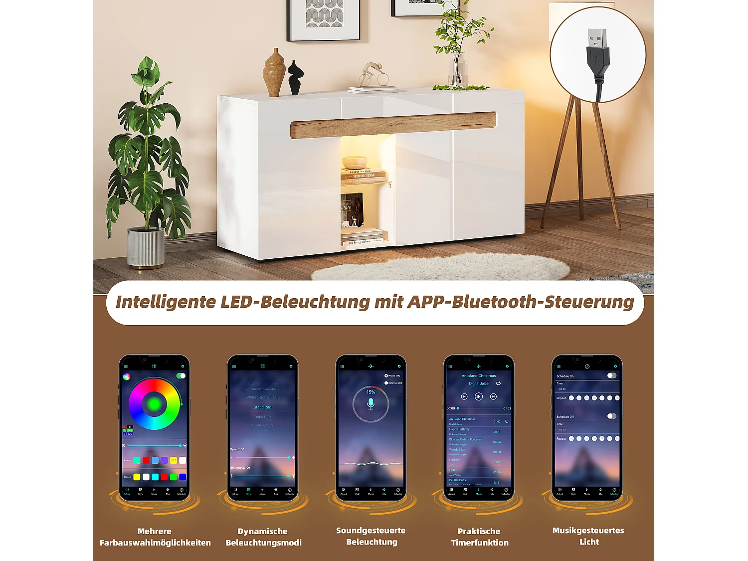 Credenza moderna - 140 x 40 x 70 cm - con 3 ante + LED + ripiano in vetro - Truciolato - Bianco