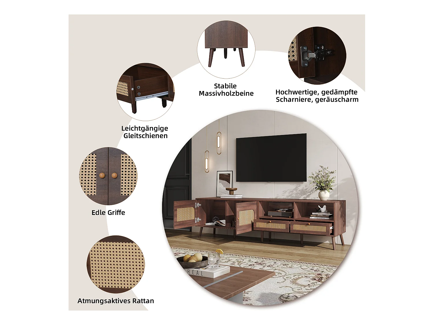 Meuble TV - 200 x 37 x 49.5 cm - pour téléviseurs 80 pouces + 2 portes + 2 tiroirs - aggloméré - marron