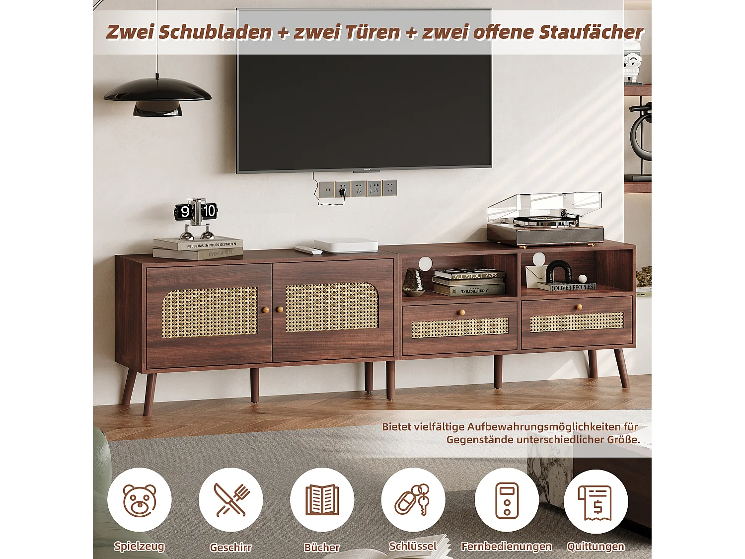 Meuble TV - 200 x 37 x 49.5 cm - pour téléviseurs 80 pouces + 2 portes + 2 tiroirs - aggloméré - marron