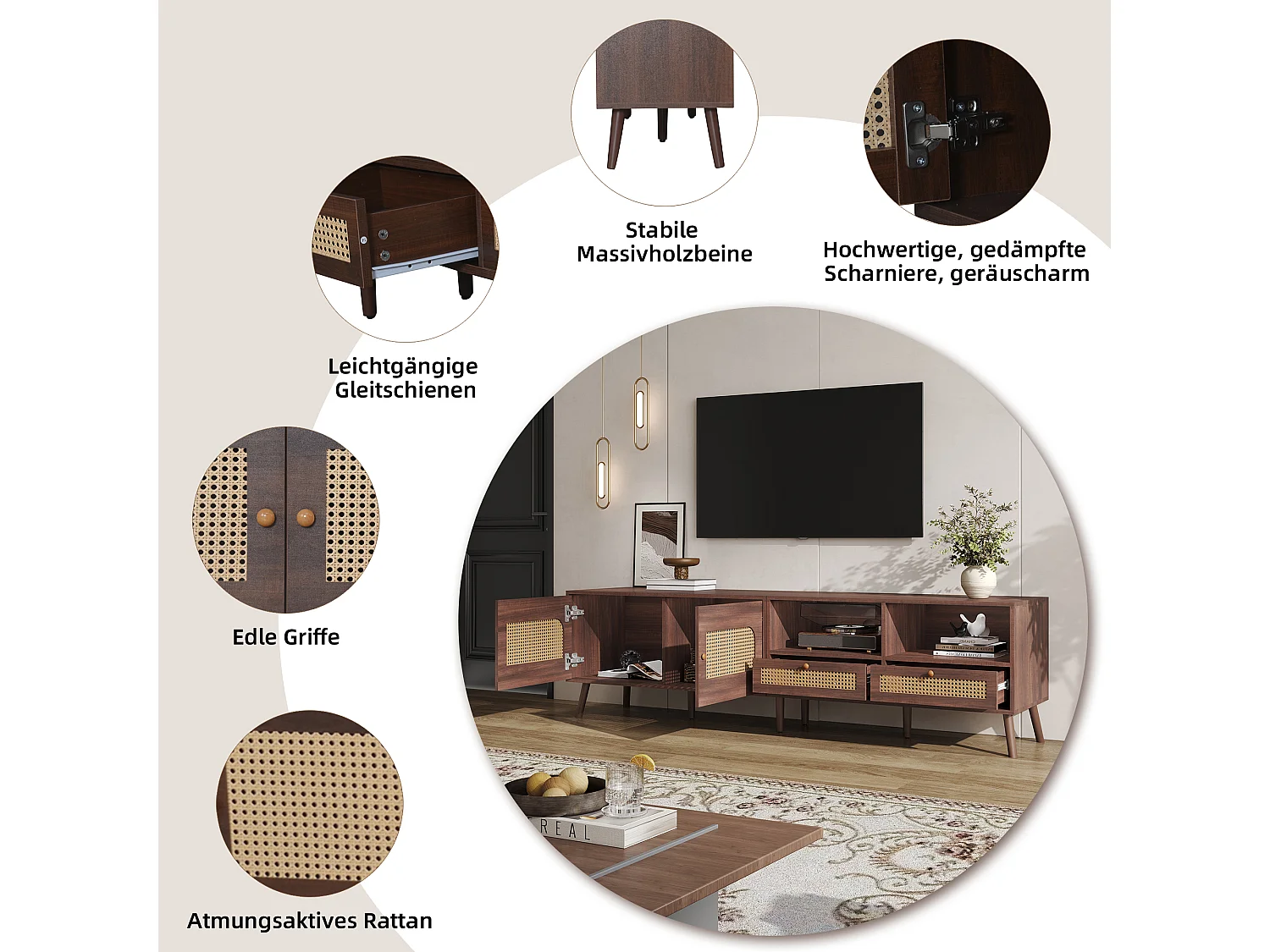 Meuble TV - 200 x 37 x 49.5 cm - pour téléviseurs 80 pouces + 2 portes + 2 tiroirs - aggloméré - marron