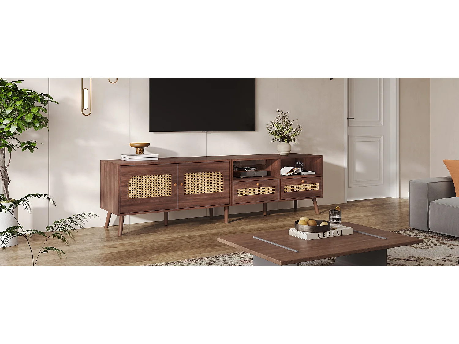 Meuble TV - 200 x 37 x 49.5 cm - pour téléviseurs 80 pouces + 2 portes + 2 tiroirs - aggloméré - marron