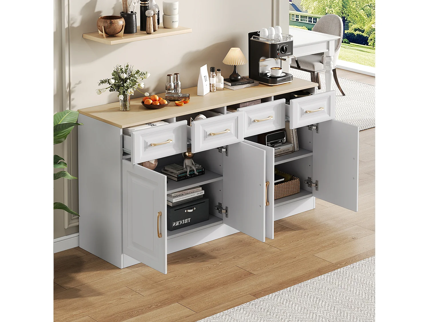 Aparador moderno - 140 x 40 x 75 cm - com 4 gavetas + 4 portas - para sala de jantar e sala de estar - aglomerado - branco