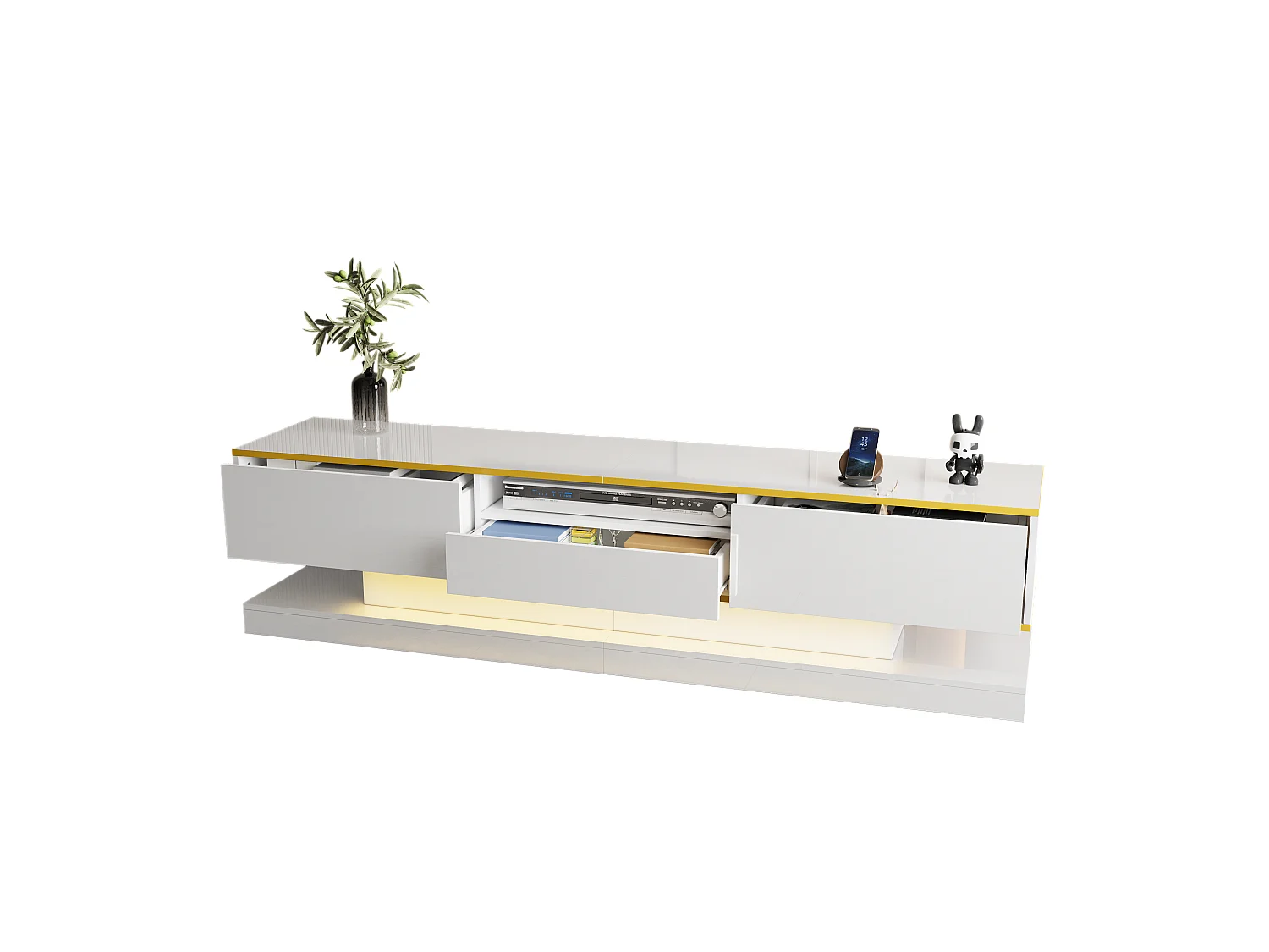 Meuble TV moderne - 180 x 38 x 45 cm - avec 3 tiroirs - finition brillante + Leds - aggloméré - blanc