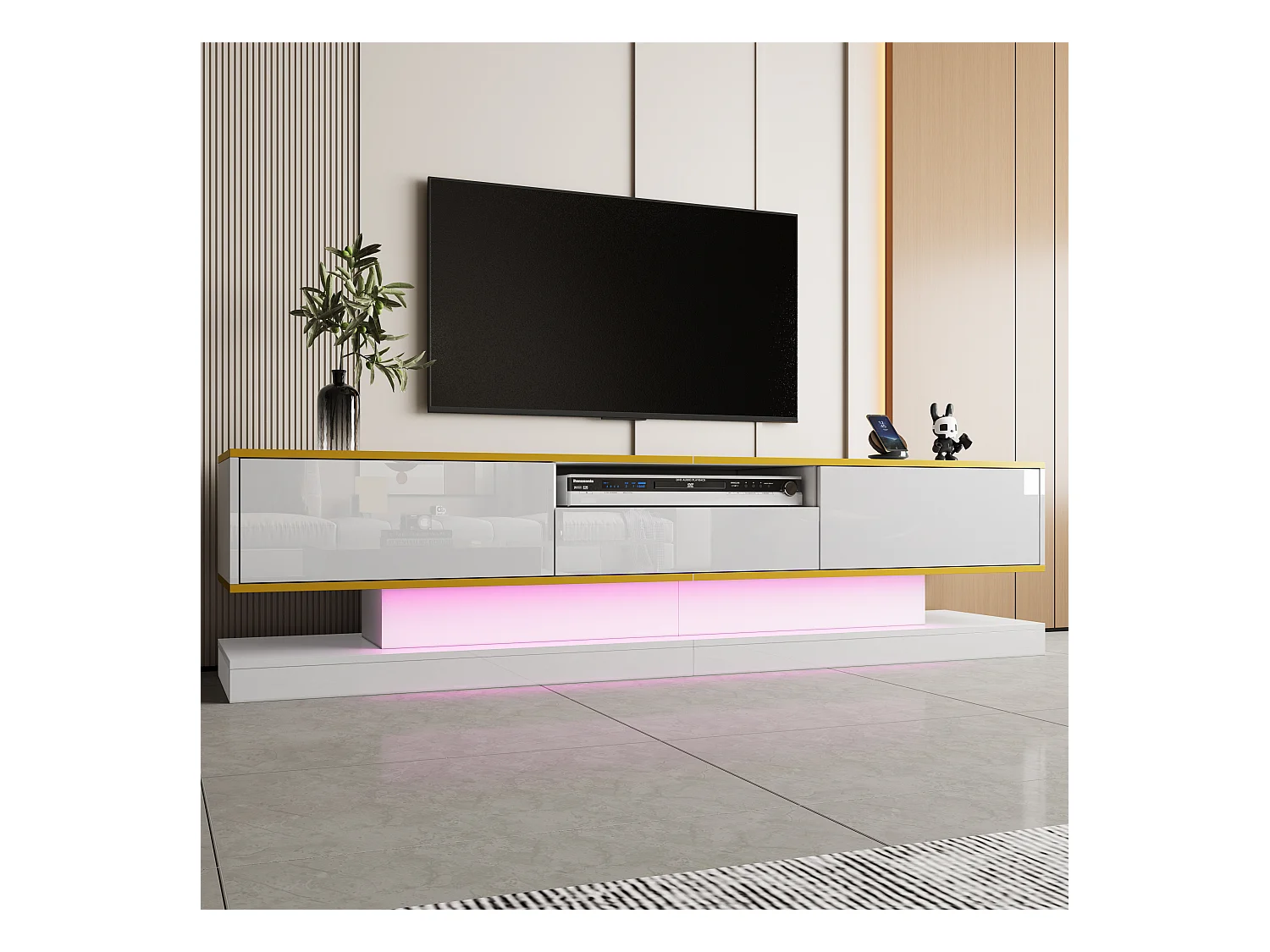 Meuble TV moderne - 180 x 38 x 45 cm - avec 3 tiroirs - finition brillante + Leds - aggloméré - blanc